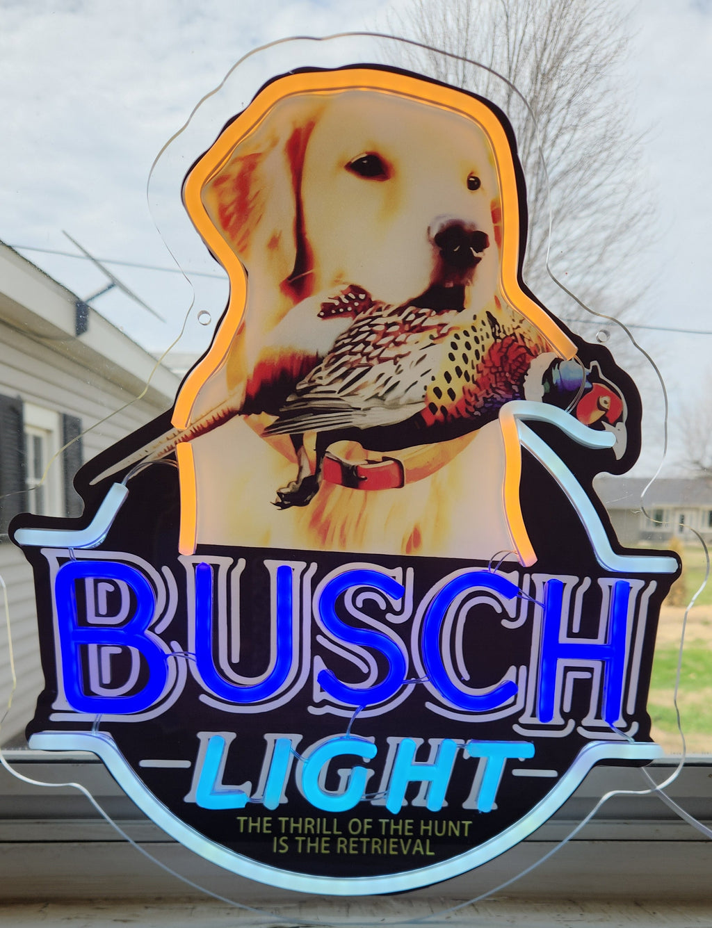 Busch Light Golden Retriever w/ Pheasant "The Thrill of the Hunt Is the Retrieval" Beer LED Lighted Advertising Sign