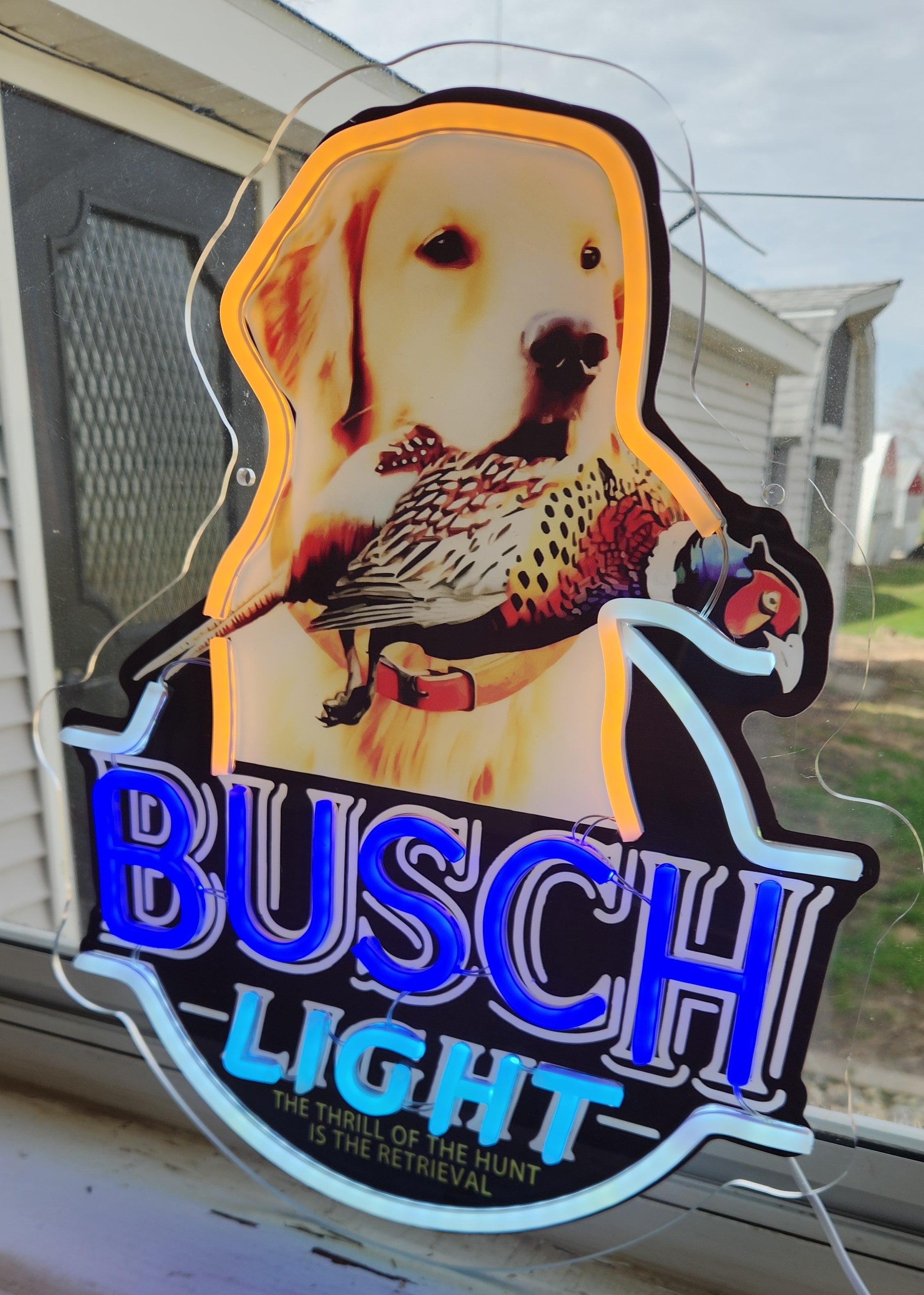 Busch Light Golden Retriever w/ Pheasant "The Thrill of the Hunt Is the Retrieval" Beer LED Lighted Advertising Sign