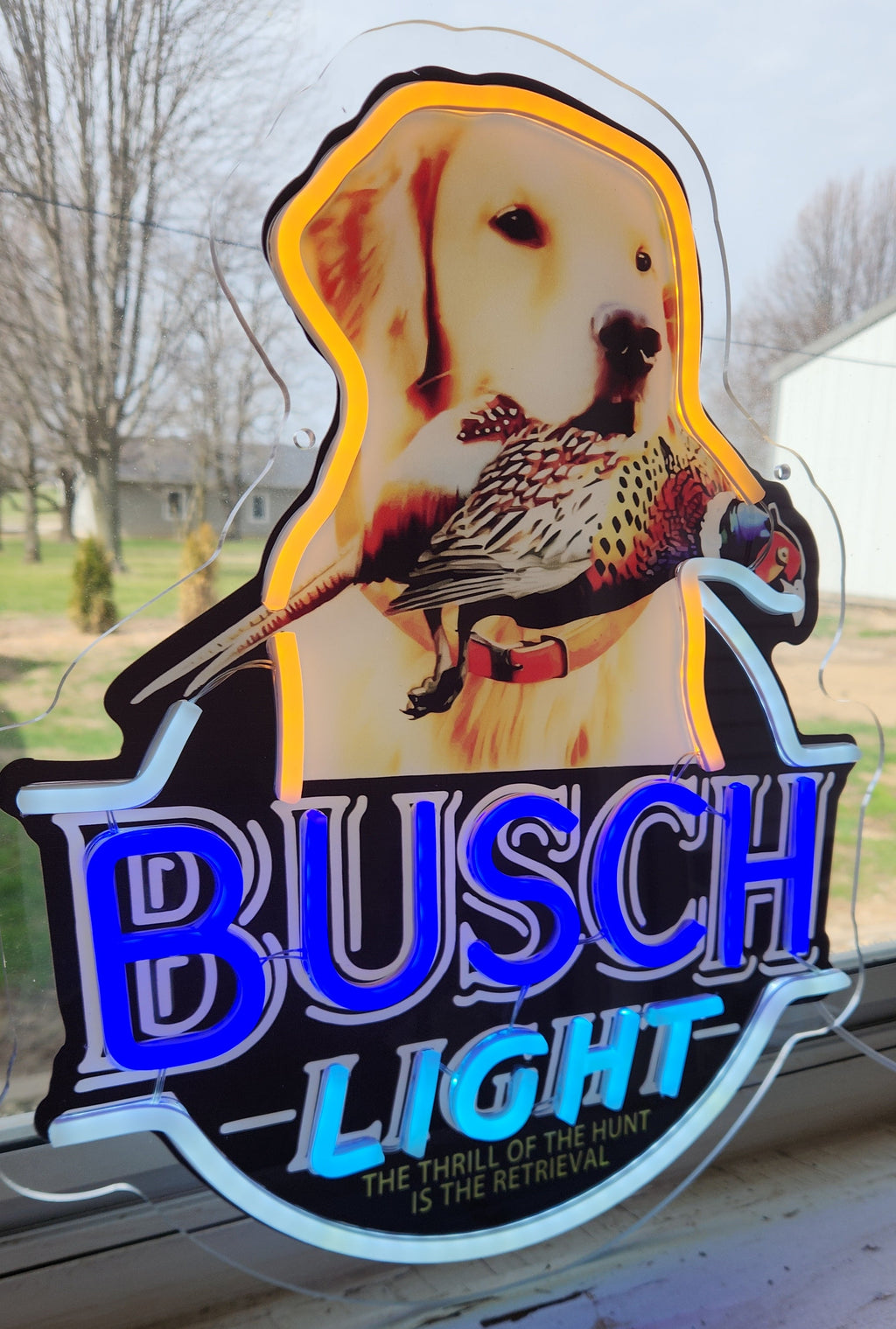 Busch Light Golden Retriever w/ Pheasant "The Thrill of the Hunt Is the Retrieval" Beer LED Lighted Advertising Sign