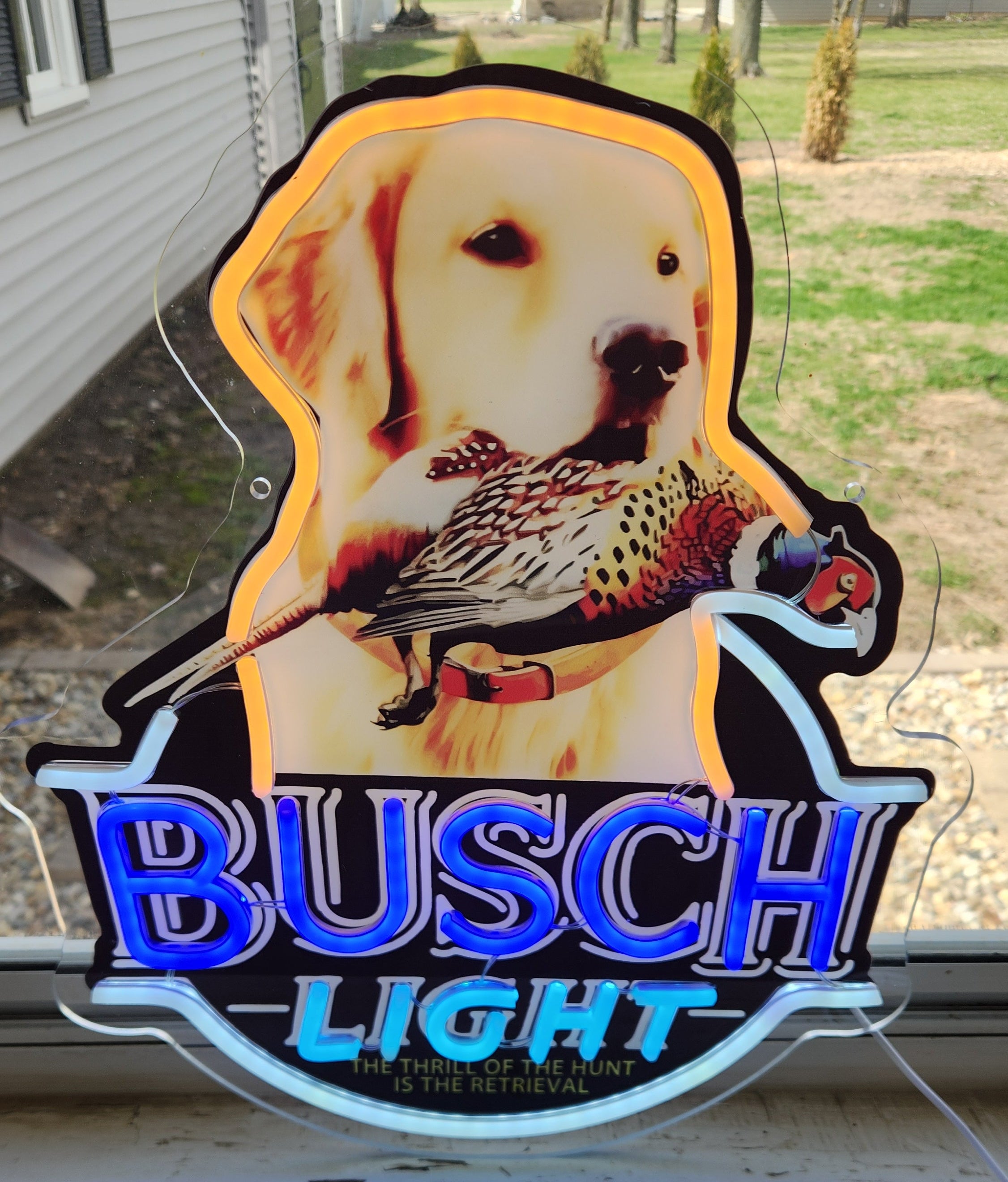Busch Light Golden Retriever w/ Pheasant "The Thrill of the Hunt Is the Retrieval" Beer LED Lighted Advertising Sign