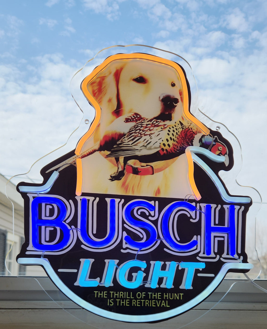 Busch Light Golden Retriever w/ Pheasant "The Thrill of the Hunt Is the Retrieval" Beer LED Lighted Advertising Sign