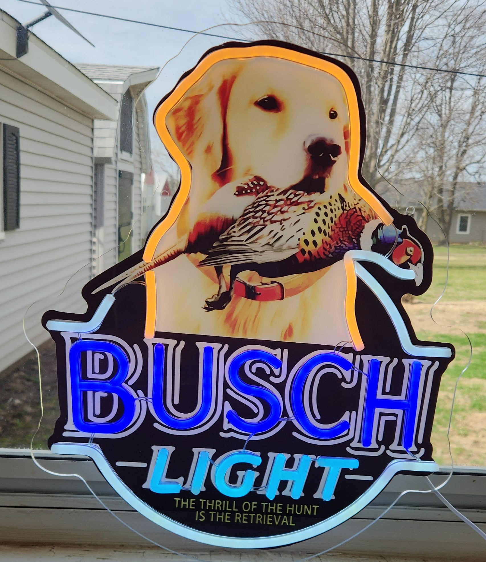 Busch Light Golden Retriever w/ Pheasant "The Thrill of the Hunt Is the Retrieval" Beer LED Lighted Advertising Sign