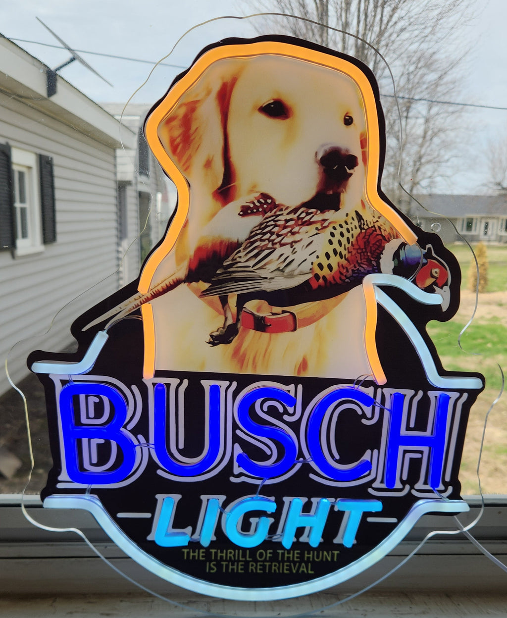 Busch Light Golden Retriever w/ Pheasant "The Thrill of the Hunt Is the Retrieval" Beer LED Lighted Advertising Sign