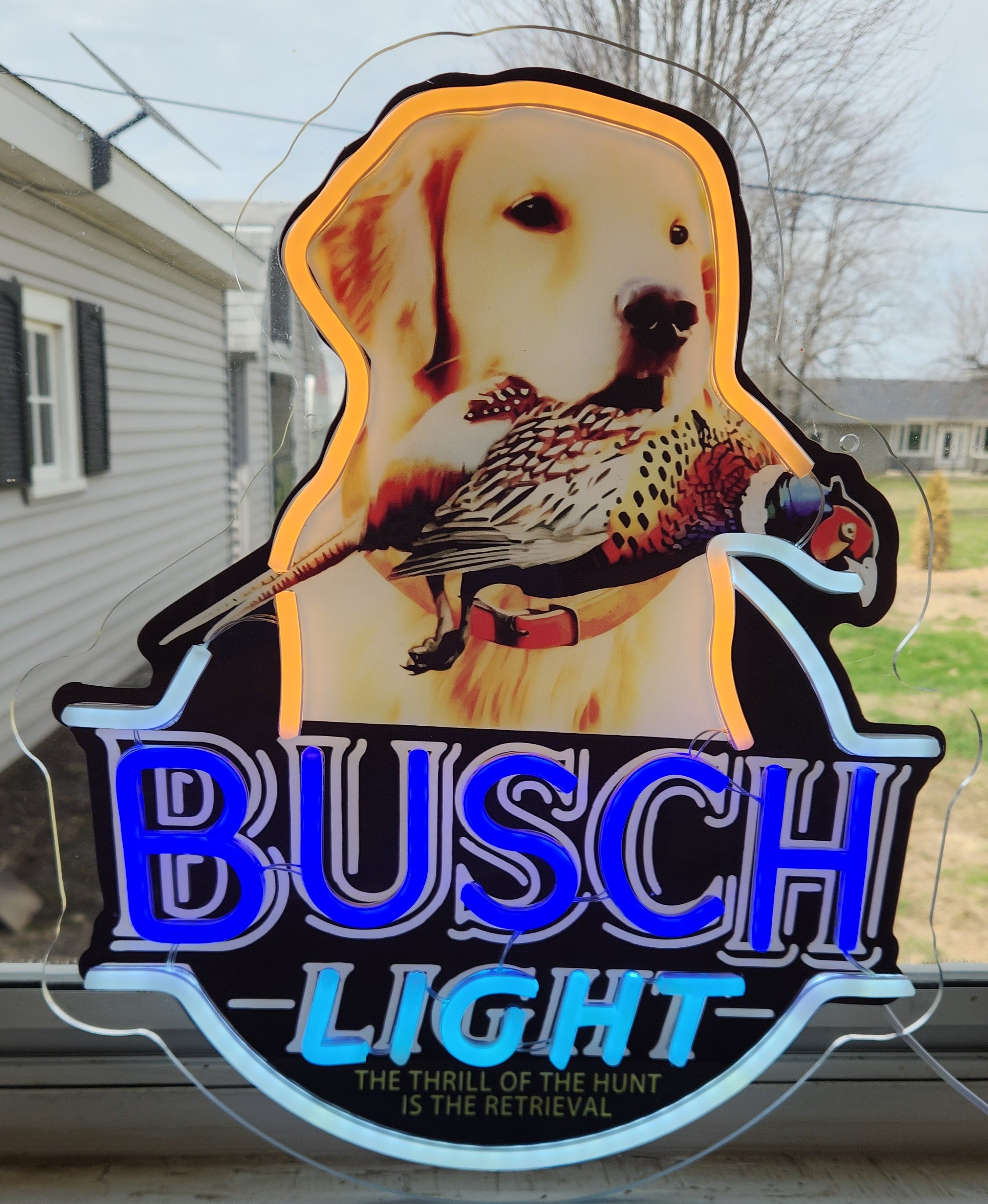 Busch Light Golden Retriever w/ Pheasant "The Thrill of the Hunt Is the Retrieval" Beer LED Lighted Advertising Sign