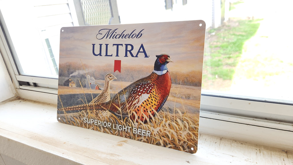 Michelob Ultra Pheasant Farm Scene Metal Beer Advertising Sign 12"x8"