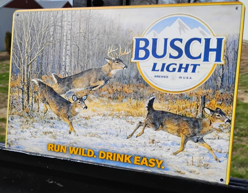 Busch Light Whitetail Deer "Run Wild. Drink Easy" Metal Beer Advertising Sign 12"x8"