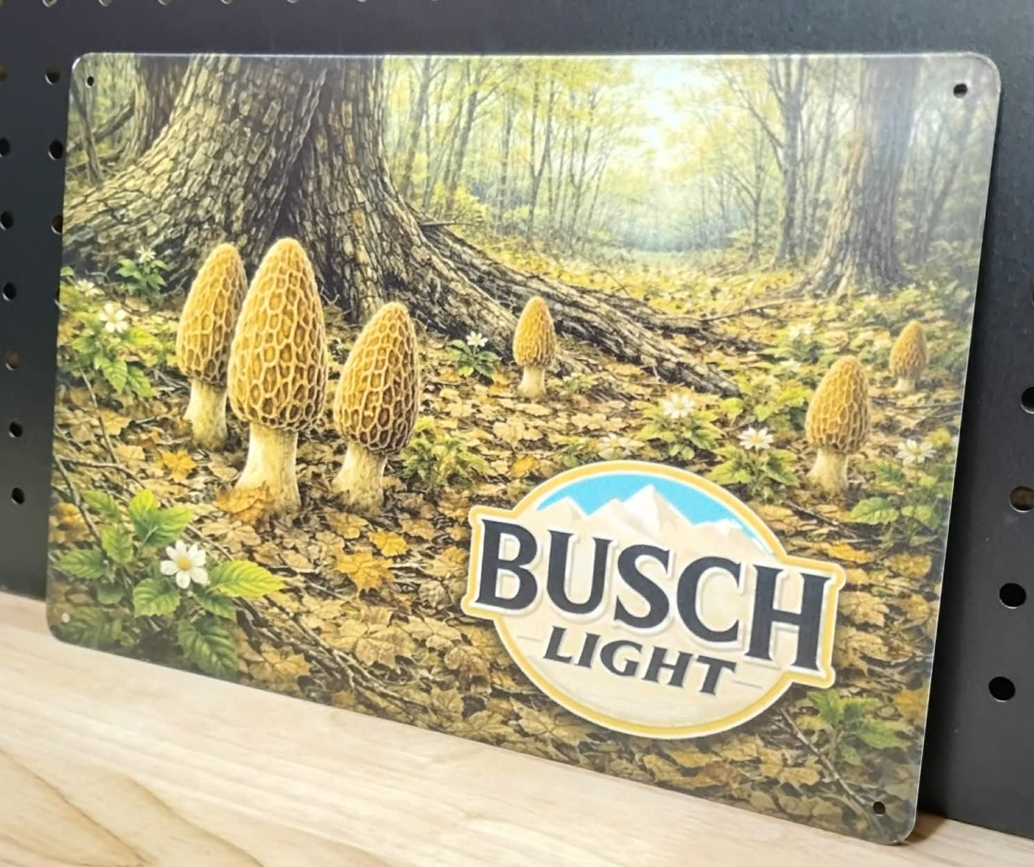 Busch Light Morel Mushrooms Forest Scene Metal Beer Advertising Sign 12"x8"