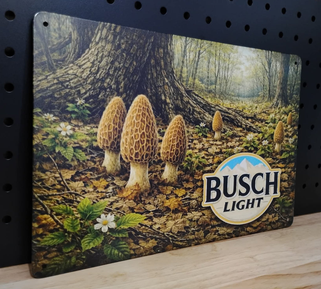 Busch Light Morel Mushrooms Forest Scene Metal Beer Advertising Sign 12"x8"