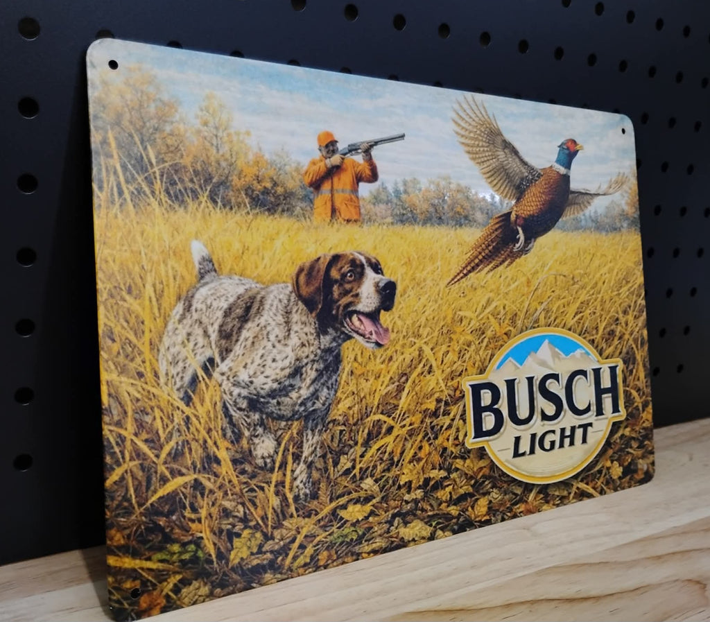 Busch Light Pheasant Hunting Scene German Short Haired Pointer Metal Beer Advertising Sign 12"x8"
