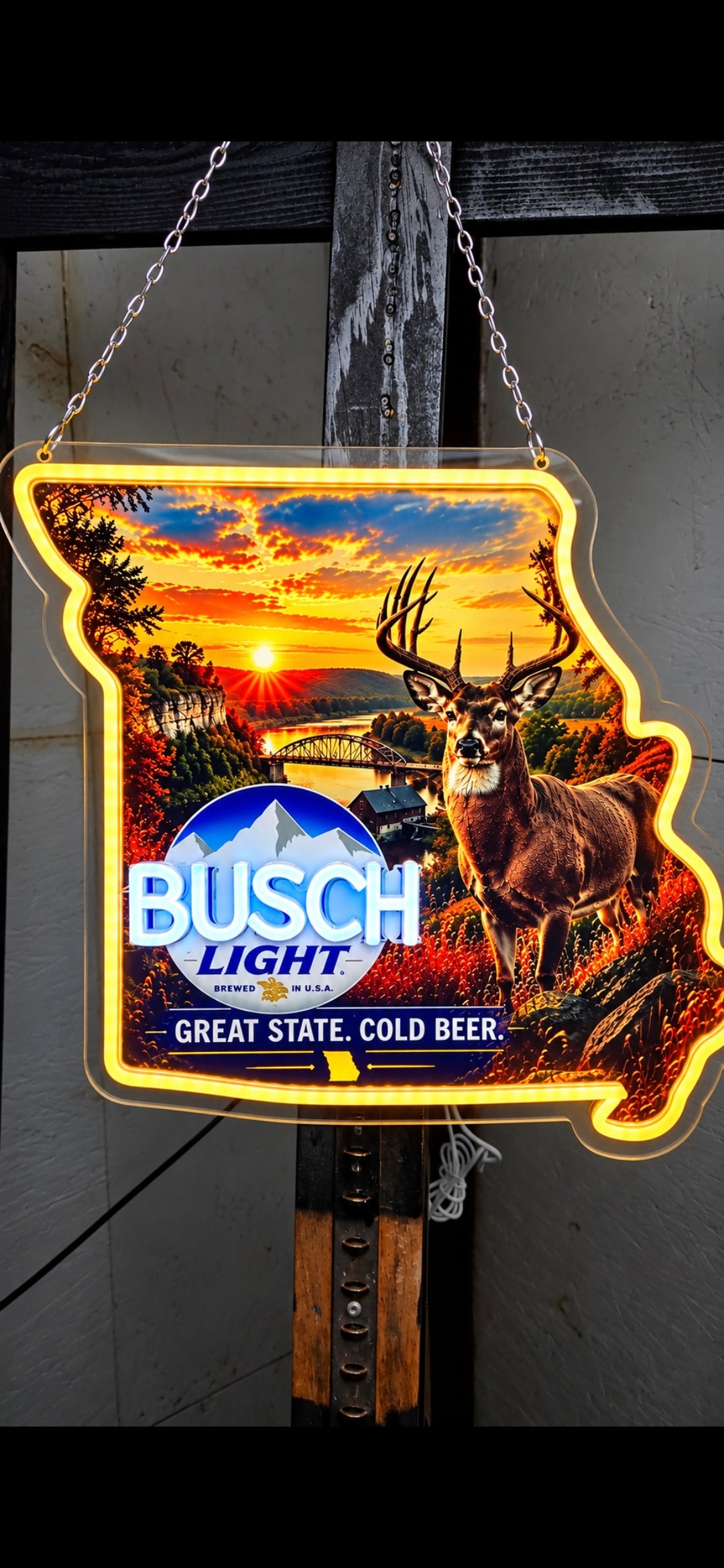 Busch Light Missouri LED Neon Sign – Whitetail Buck Hunting & Missouri State Décor – Great State, Cold Beer