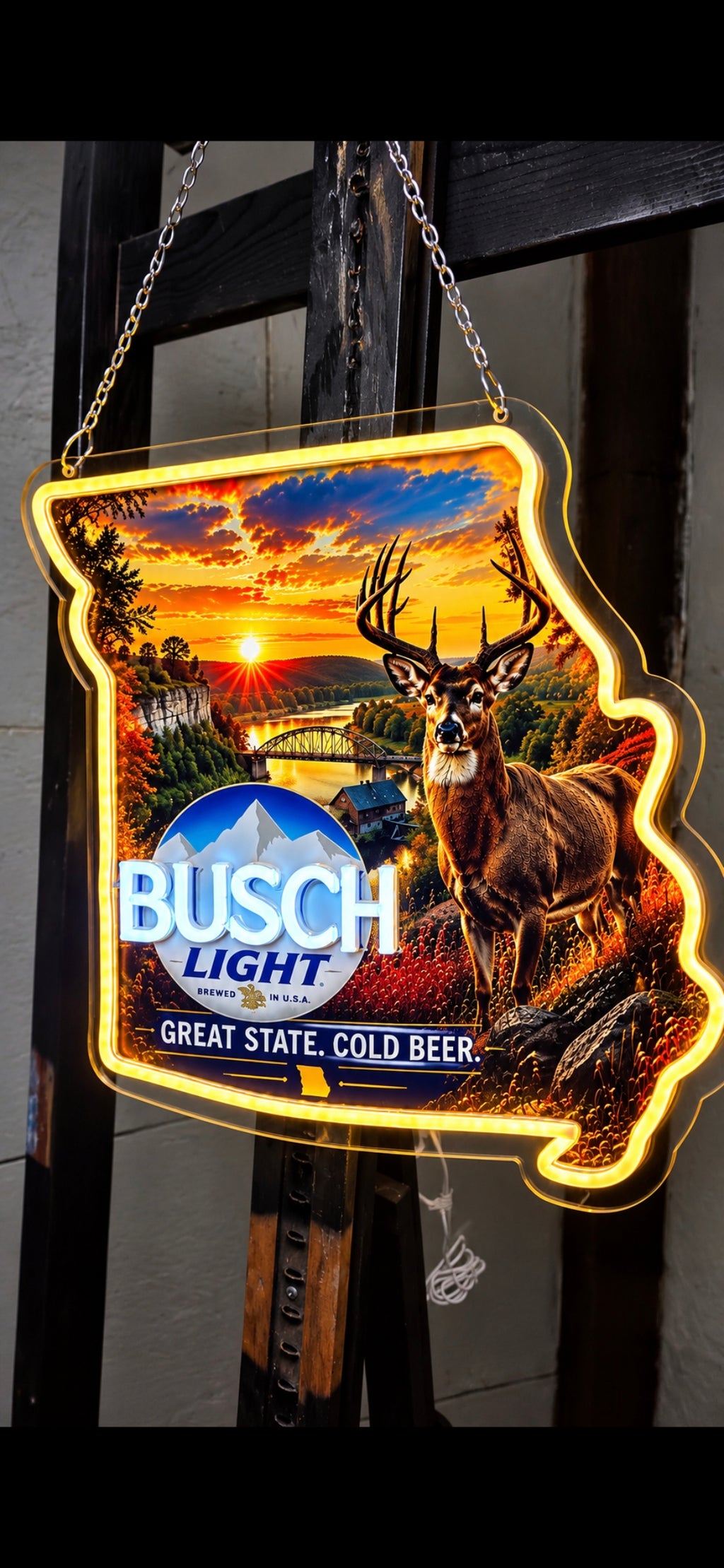 Busch Light Missouri LED Neon Sign – Whitetail Buck Hunting & Missouri State Décor – Great State, Cold Beer