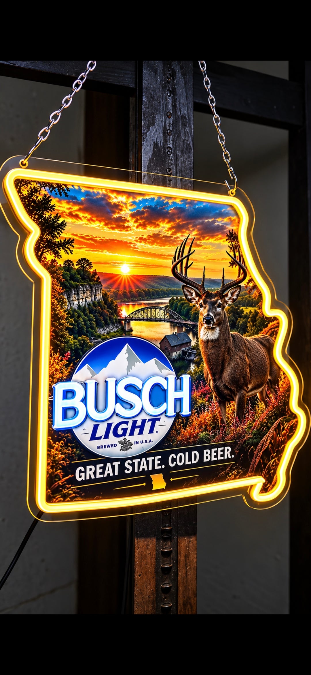 Busch Light Missouri LED Neon Sign – Whitetail Buck Hunting & Missouri State Décor – Great State, Cold Beer