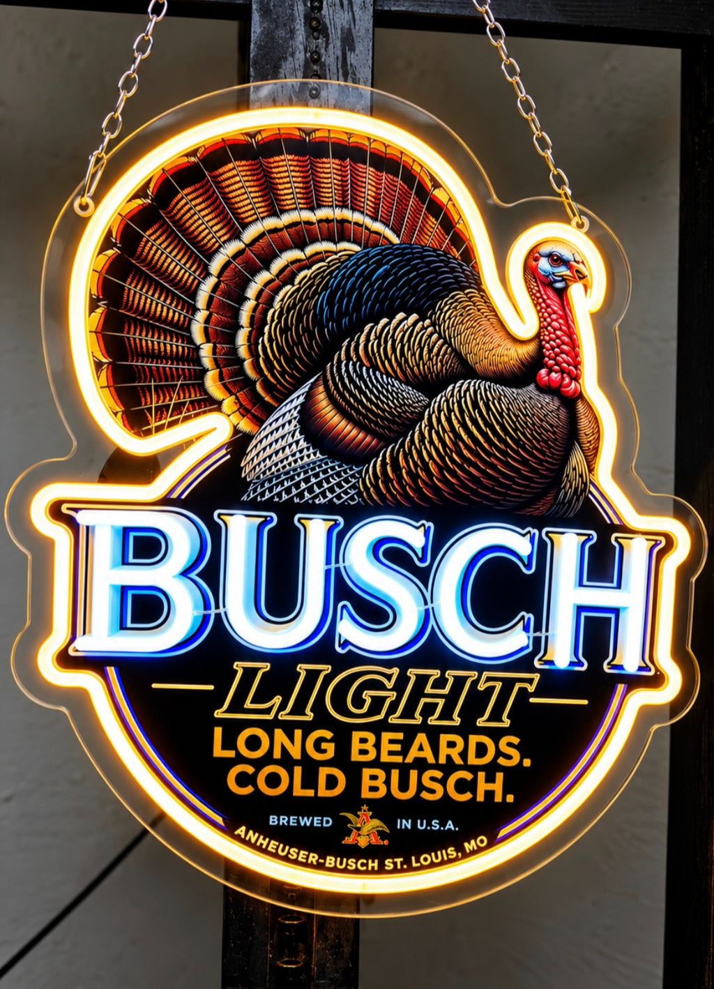 Busch Light Turkey Hunting LED Neon Sign – Long Beards, Cold Busch – Hunting Cabin & Man Cave Décor