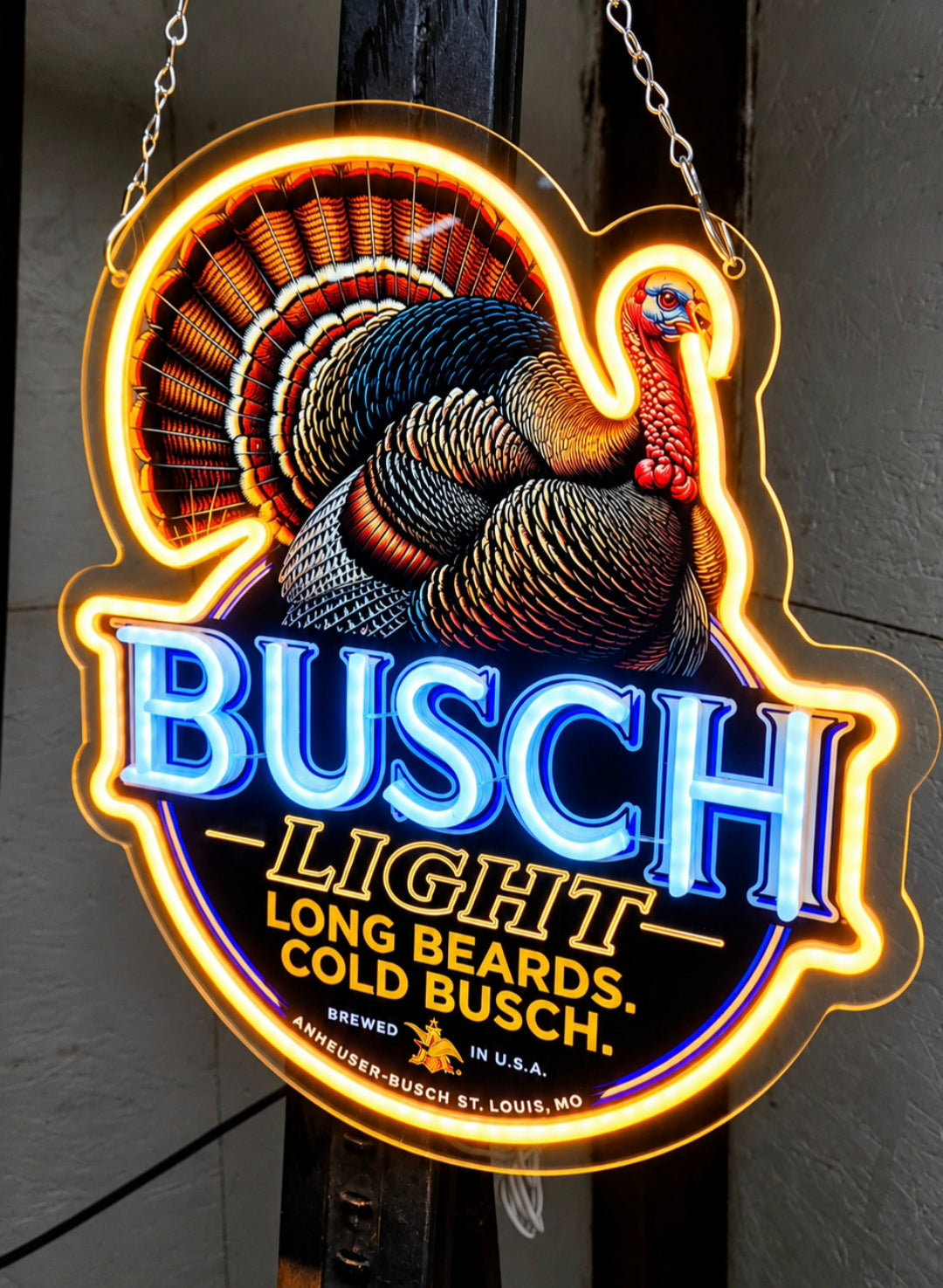 Busch Light Turkey Hunting LED Neon Sign – Long Beards, Cold Busch – Hunting Cabin & Man Cave Décor