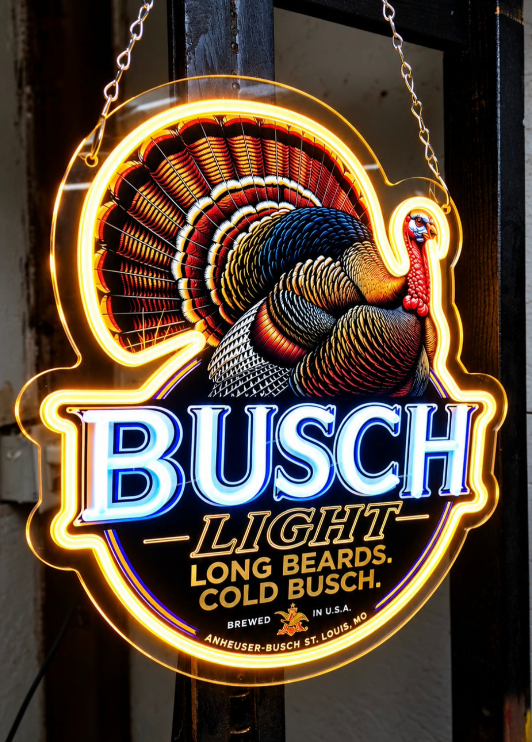 Busch Light Turkey Hunting LED Neon Sign – Long Beards, Cold Busch – Hunting Cabin & Man Cave Décor