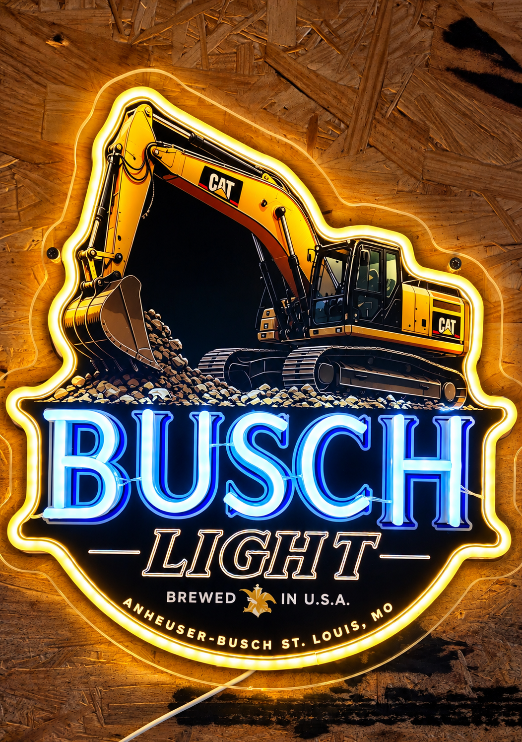 Busch Light CAT Excavator LED Neon Sign – Construction Equipment & Garage Décor