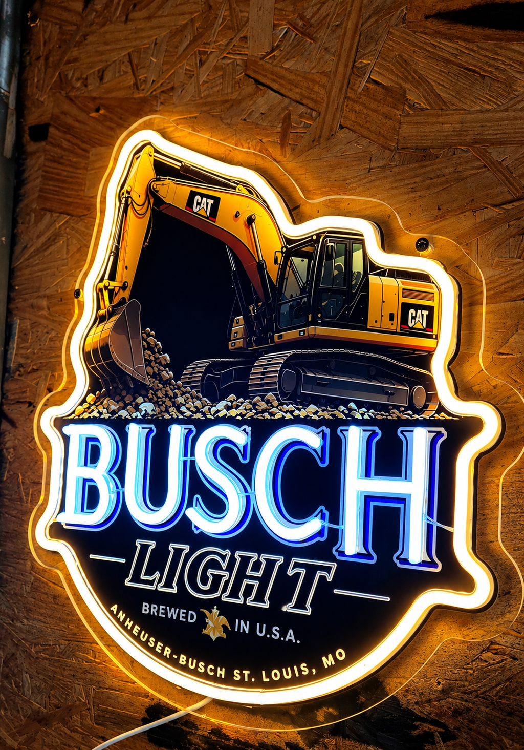 Busch Light CAT Excavator LED Neon Sign – Construction Equipment & Garage Décor