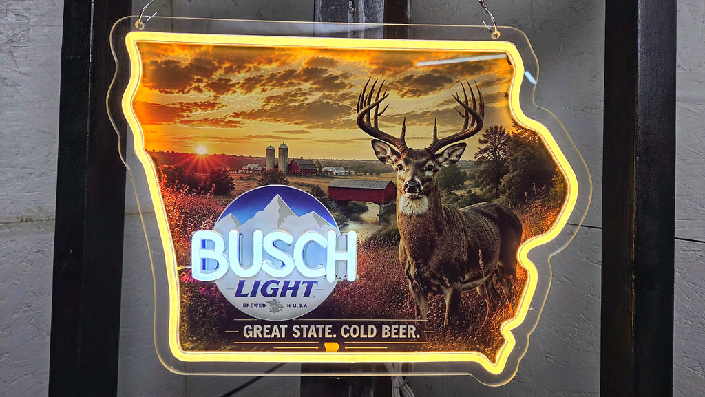 Busch Light Iowa Whitetail Deer LED Neon Sign – Iowa State Hunting Cabin & Man Cave Décor