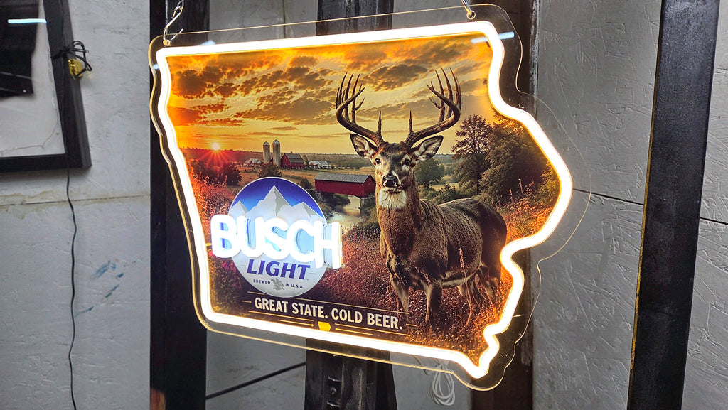 Busch Light Iowa Whitetail Deer LED Neon Sign – Iowa State Hunting Cabin & Man Cave Décor
