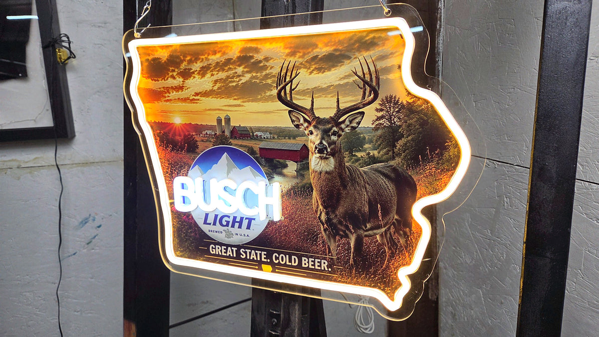 Busch Light Iowa Whitetail Deer LED Neon Sign – Iowa State Hunting Cabin & Man Cave Décor