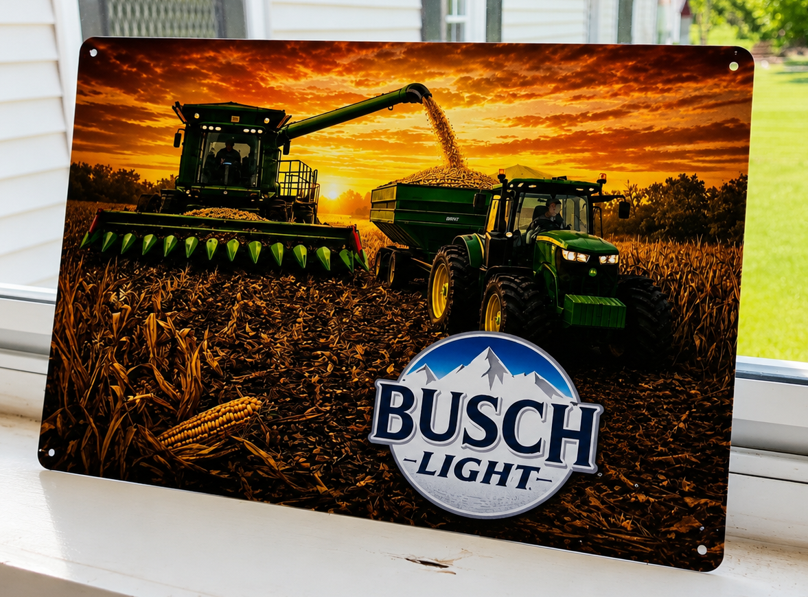 12" x 8" Busch Light Farm Harvest Metal Sign – John Deere Combine & Tractor Wall Decor | Farmhouse, Garage & Man Cave