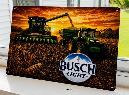 12" x 8" Busch Light Farm Harvest Metal Sign – John Deere Combine & Tractor Wall Decor | Farmhouse, Garage & Man Cave