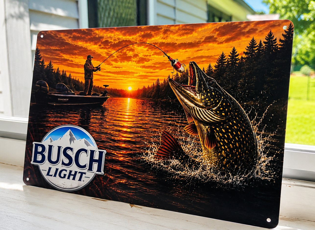 12" x 8" Busch Light Fishing Metal Sign – Sunset Northern Pike Lake Wall Decor | Man Cave, Cabin & Fishing Gift