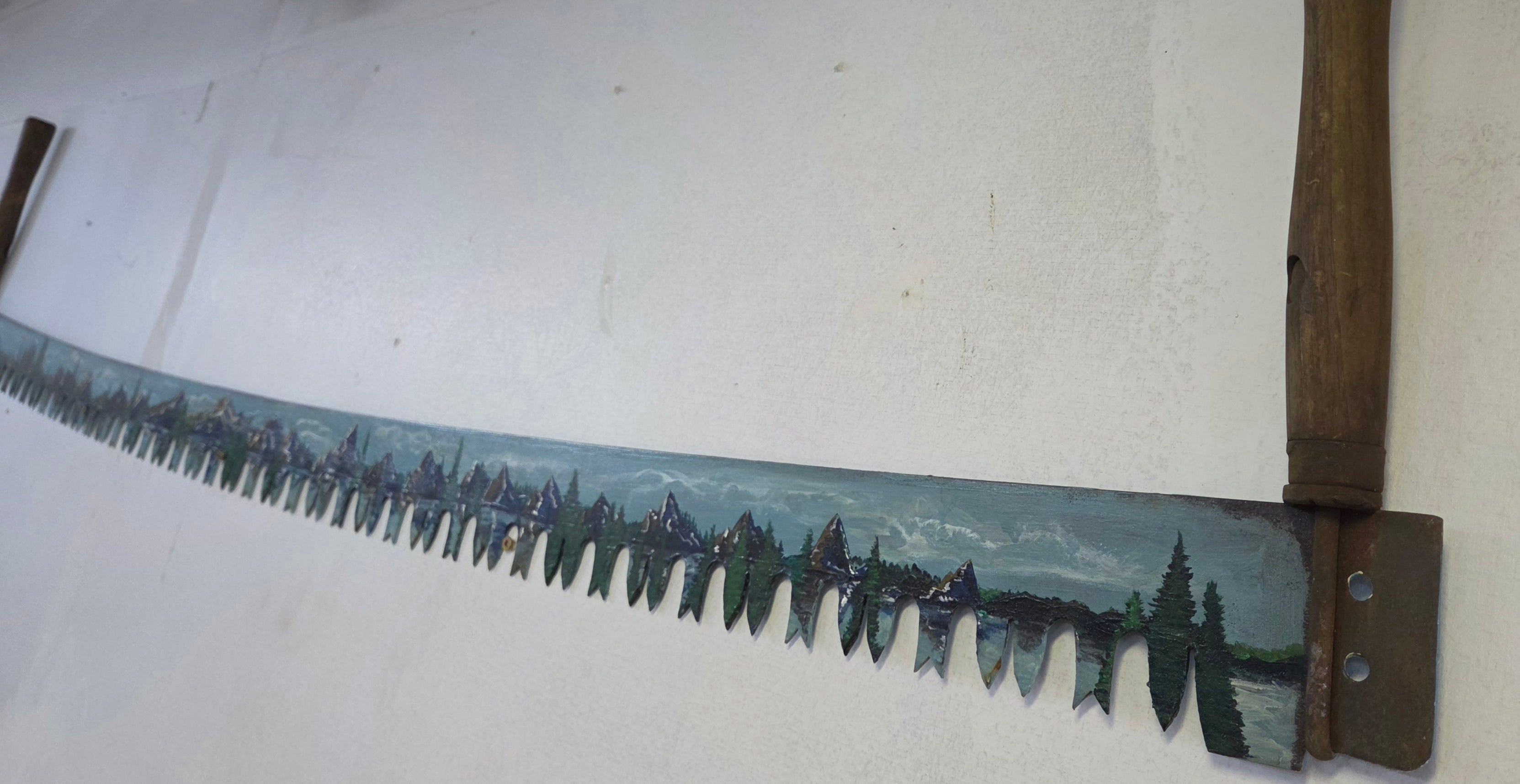 Vintage Hand-Painted Two-Man Crosscut Saw – Mountain Landscape Rustic Wall Art