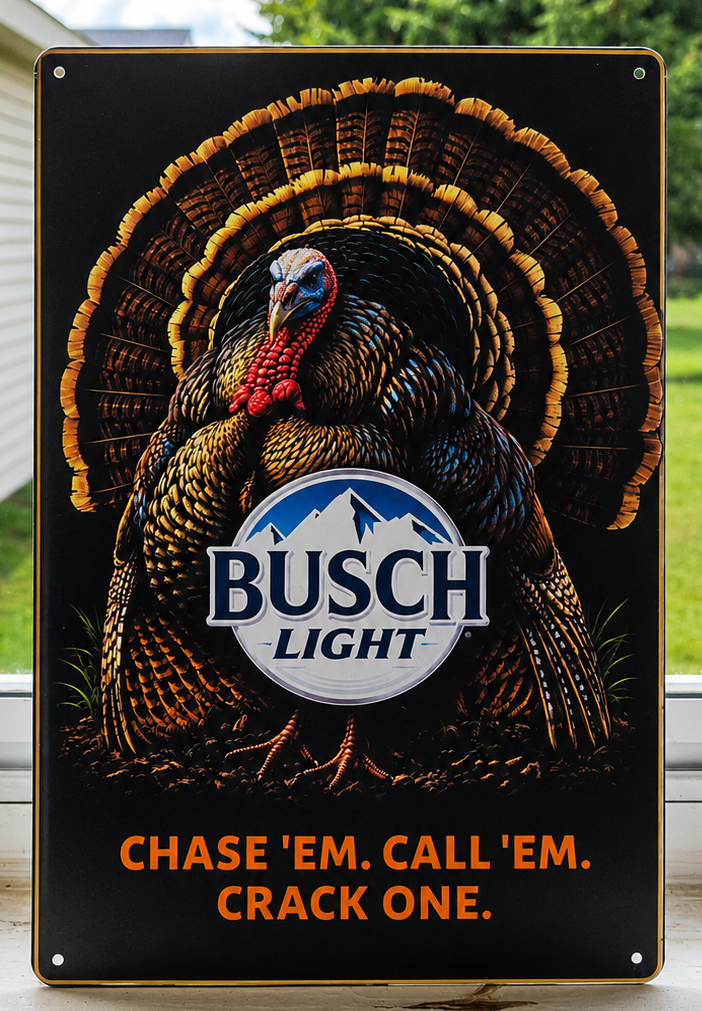 12" x 8" Busch Light Turkey Hunting Metal Sign – "Chase 'Em. Call 'Em. Crack One." Rustic Wall Decor | Cabin, Man Cave & Hunter Gift