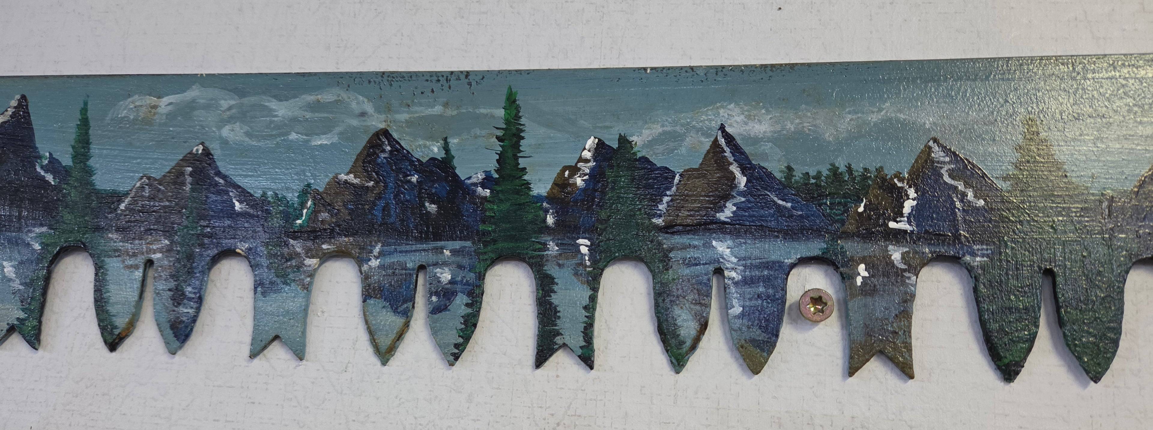 Vintage Hand-Painted Two-Man Crosscut Saw – Mountain Landscape Rustic Wall Art