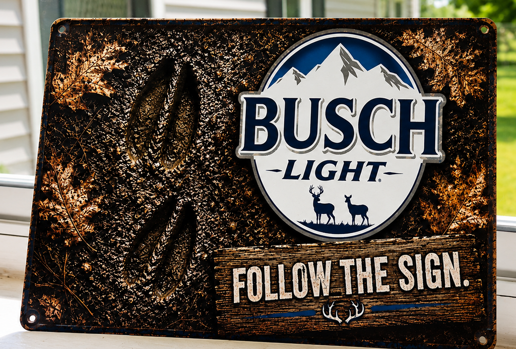 12"x8" Busch Light "Follow the Sign" Deer Track Metal Sign | Rustic Hunting Cabin & Man Cave Wall Decor