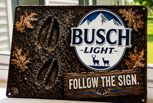 12"x8" Busch Light "Follow the Sign" Deer Track Metal Sign | Rustic Hunting Cabin & Man Cave Wall Decor