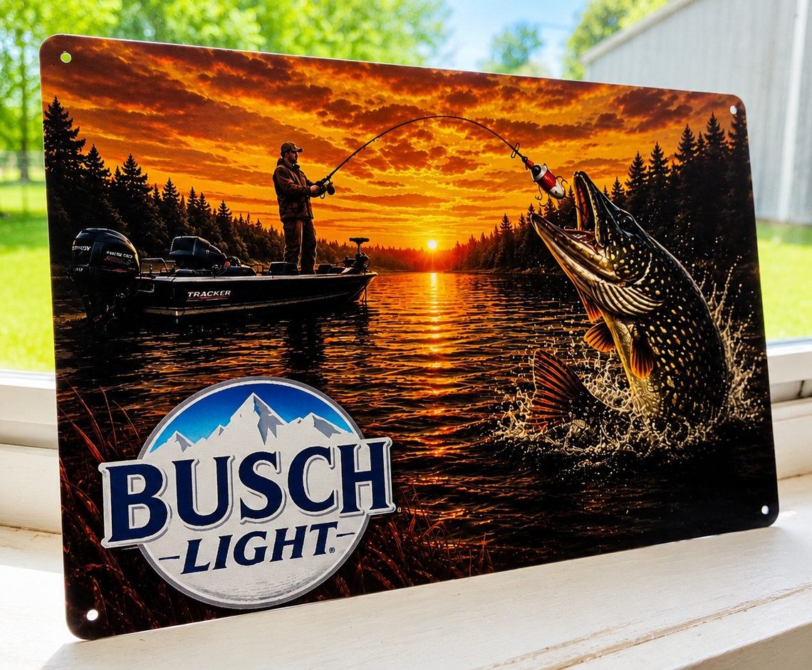 12" x 8" Busch Light Fishing Metal Sign – Sunset Northern Pike Lake Wall Decor | Man Cave, Cabin & Fishing Gift