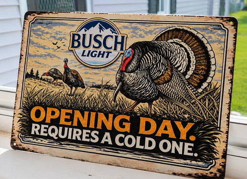 12" x 8" Busch Light Opening Day Requires A Cold One Turkey Hunting Metal Sign – Rustic Hunting Wall Decor | Cabin, Man Cave & Hunter Gift
