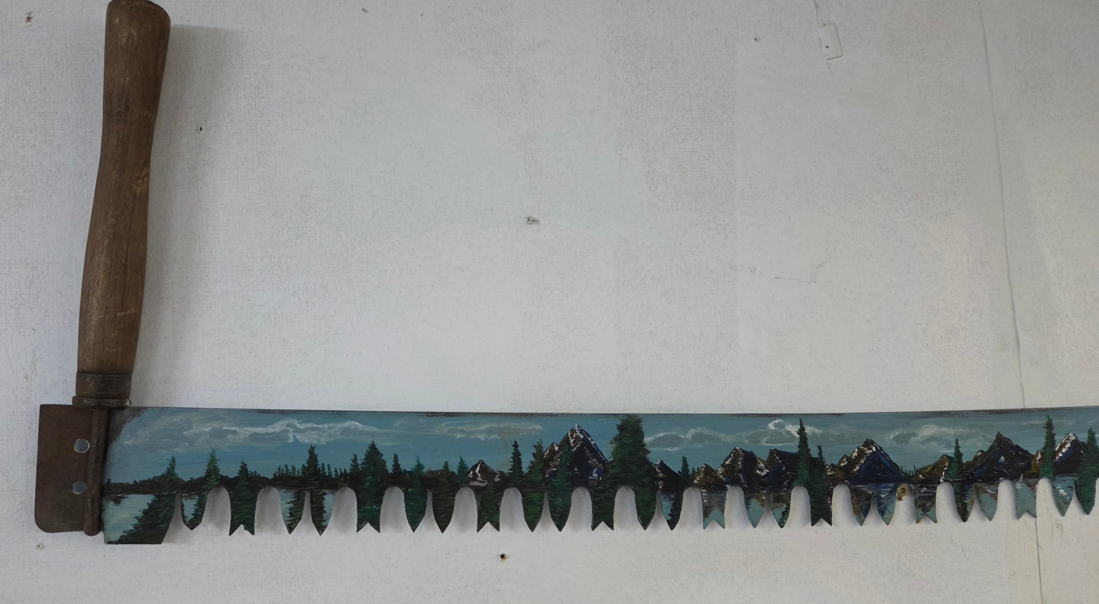 Vintage Hand-Painted Two-Man Crosscut Saw – Mountain Landscape Rustic Wall Art