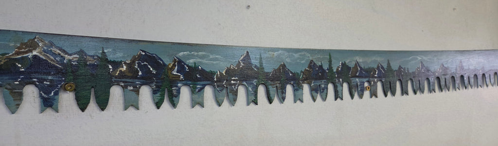 Vintage Hand-Painted Two-Man Crosscut Saw – Mountain Landscape Rustic Wall Art