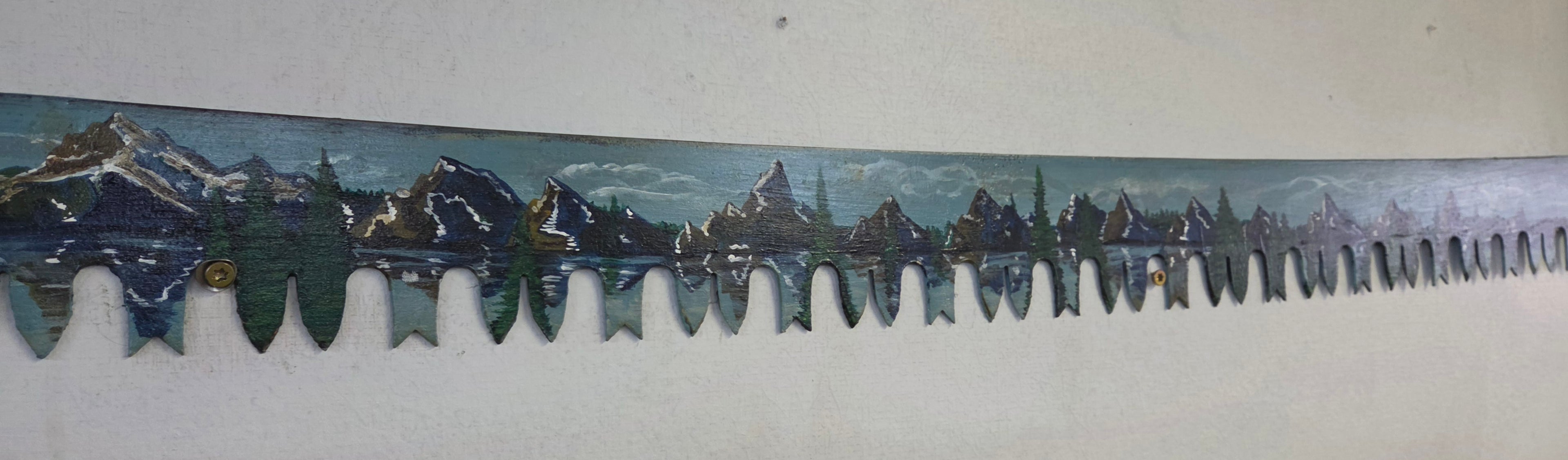 Vintage Hand-Painted Two-Man Crosscut Saw – Mountain Landscape Rustic Wall Art