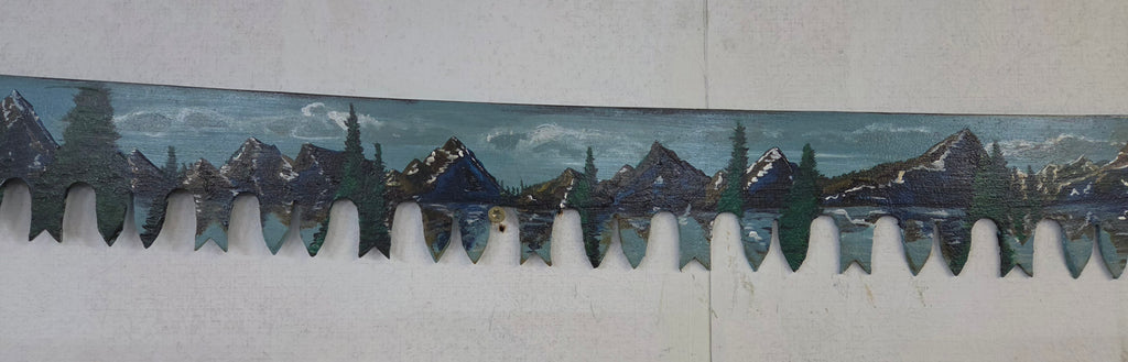 Vintage Hand-Painted Two-Man Crosscut Saw – Mountain Landscape Rustic Wall Art