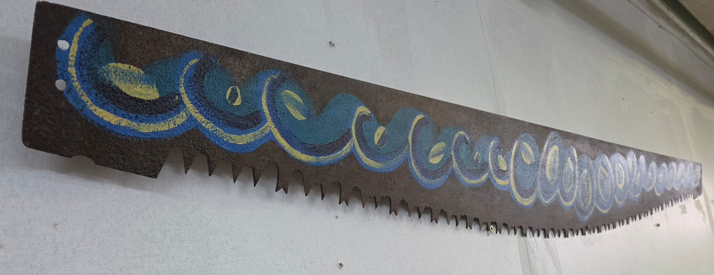 Hand-Painted Vintage Saw Blade – Blue & Gold Abstract Rustic Wall Art
