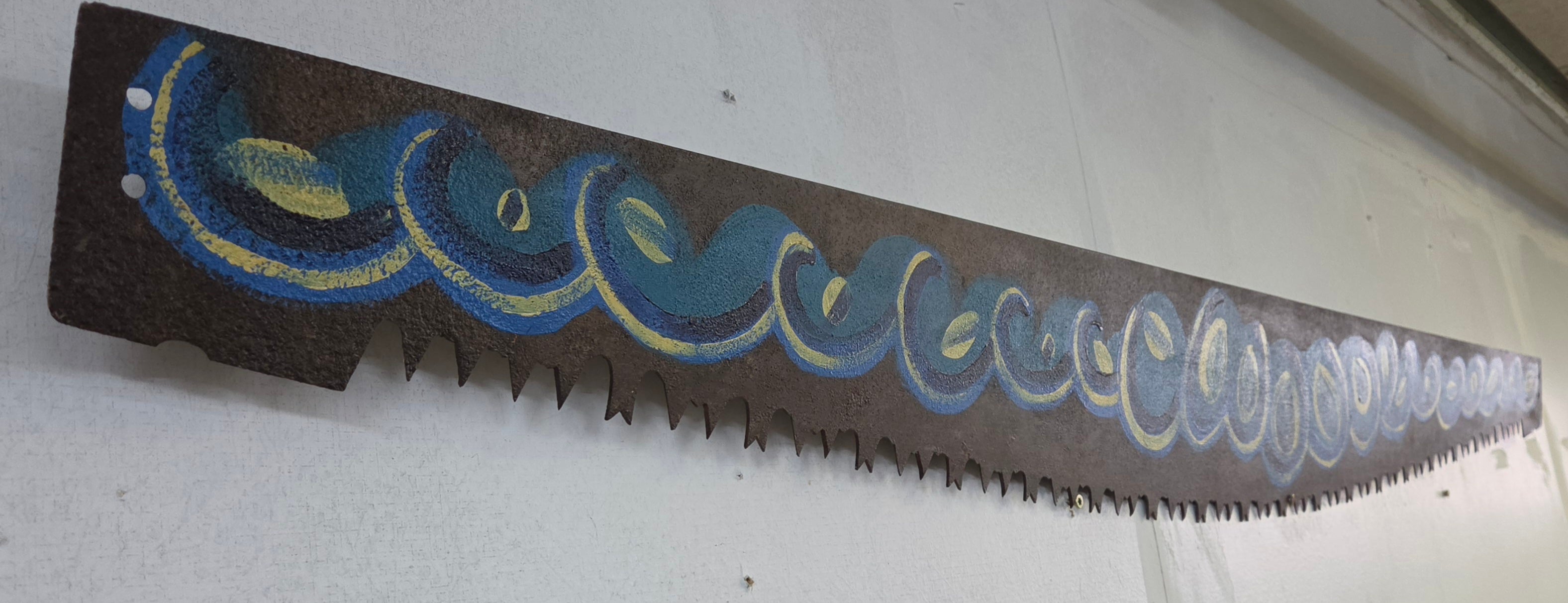 Hand-Painted Vintage Saw Blade – Blue & Gold Abstract Rustic Wall Art