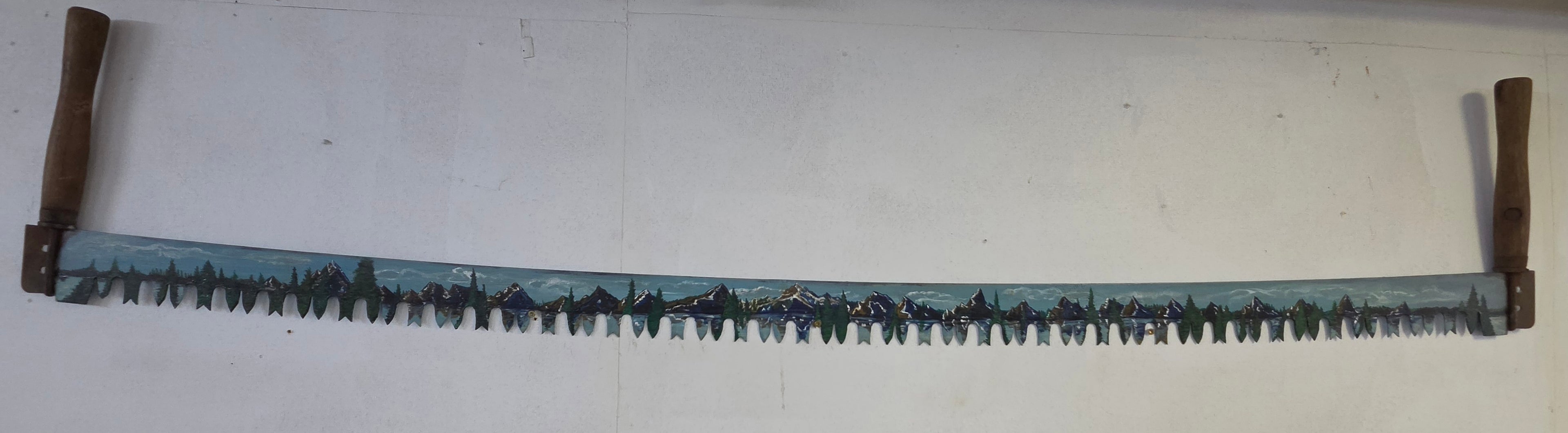 Vintage Hand-Painted Two-Man Crosscut Saw – Mountain Landscape Rustic Wall Art
