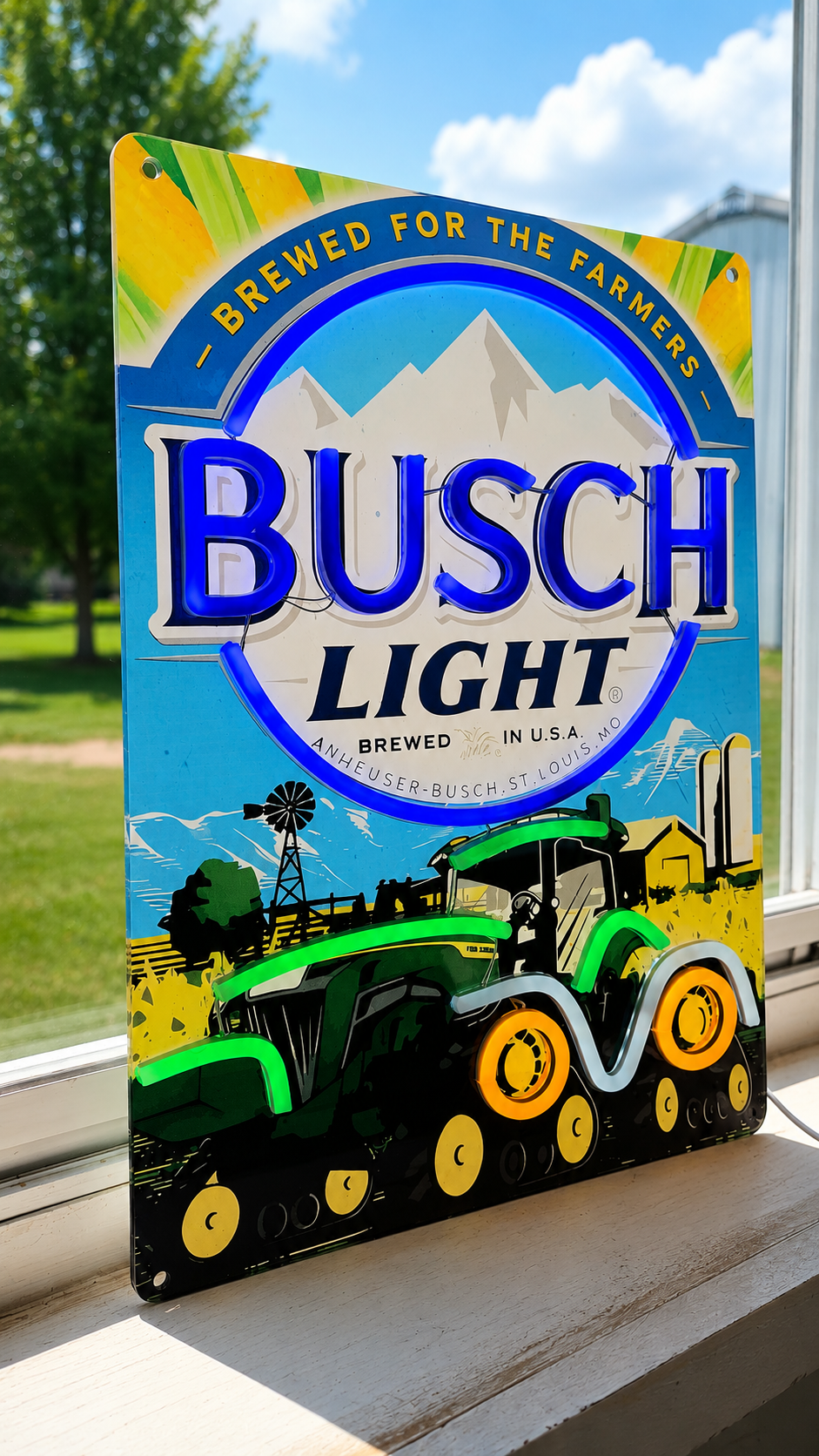 Busch Light "Brewed For The Farmers" John Deere Four-Track Tractor Lighted Beer Advertising Sign 8RX Series