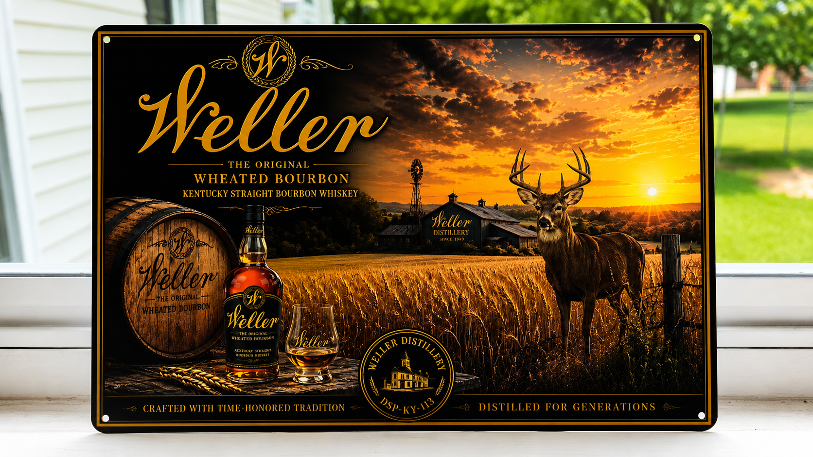 Weller Bourbon Whitetail Deer Metal Advertising Sign Hunting Barrel Distillery 12"x8"