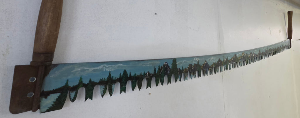 Vintage Hand-Painted Two-Man Crosscut Saw – Mountain Landscape Rustic Wall Art