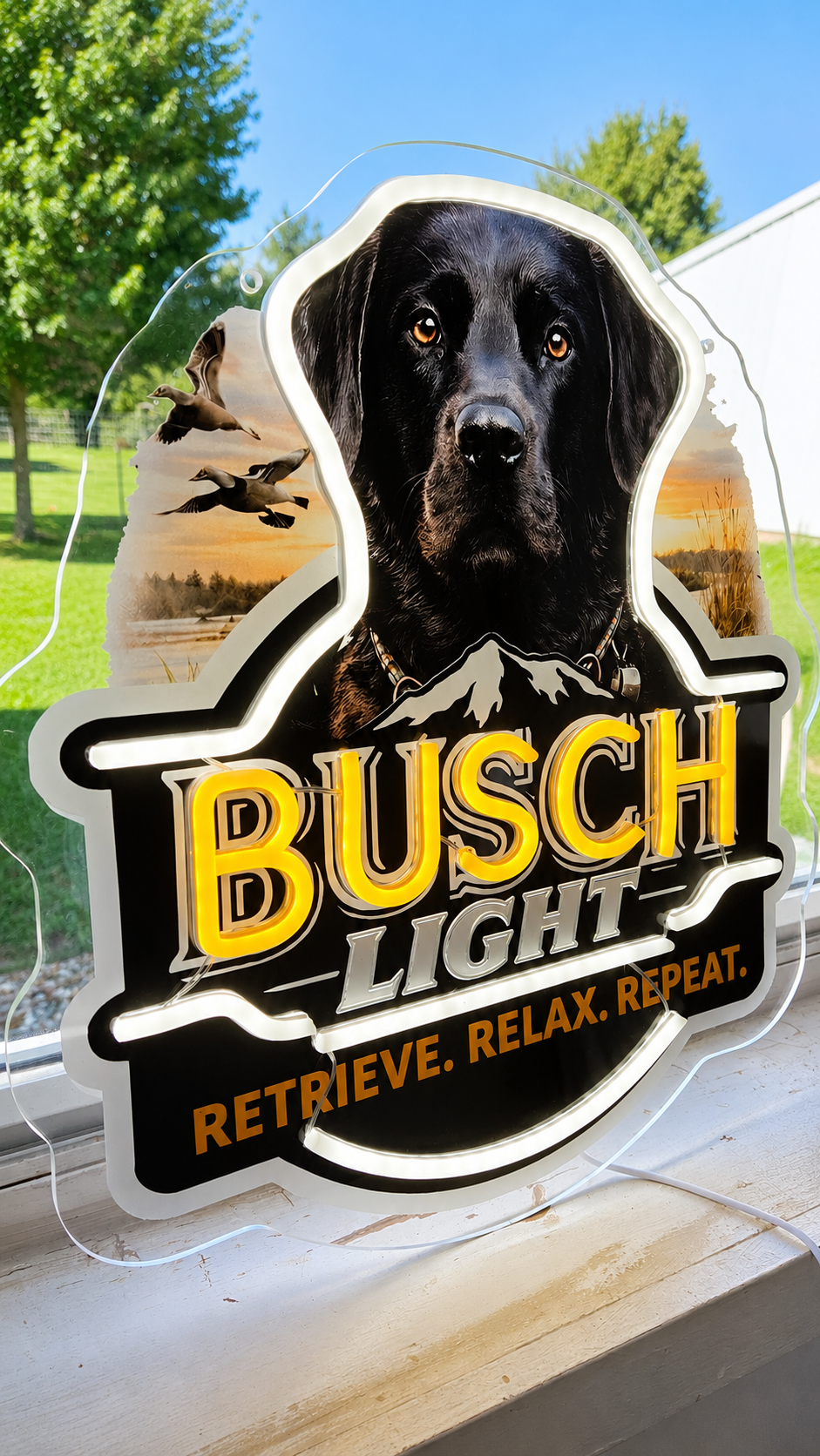 Busch Light "Retrieve. Relax. Repeat." Black Lab Dog Lighted Beer Advertising Sign Hunting Fishing Cabin Sign