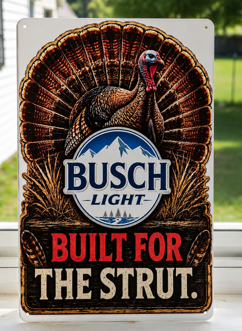 12" x 8" Busch Light "Built for the Strut" Turkey Hunting Metal Sign – Rustic Wall Decor | Man Cave, Cabin & Hunter Gift