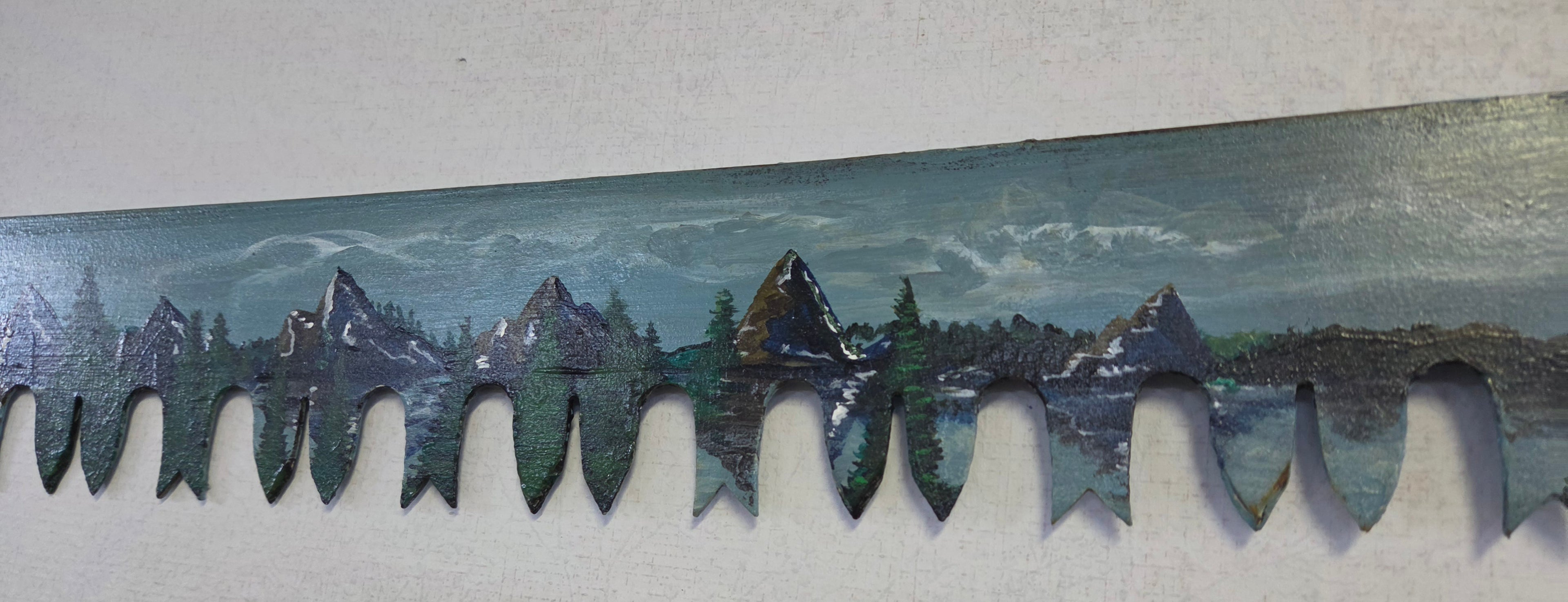 Vintage Hand-Painted Two-Man Crosscut Saw – Mountain Landscape Rustic Wall Art