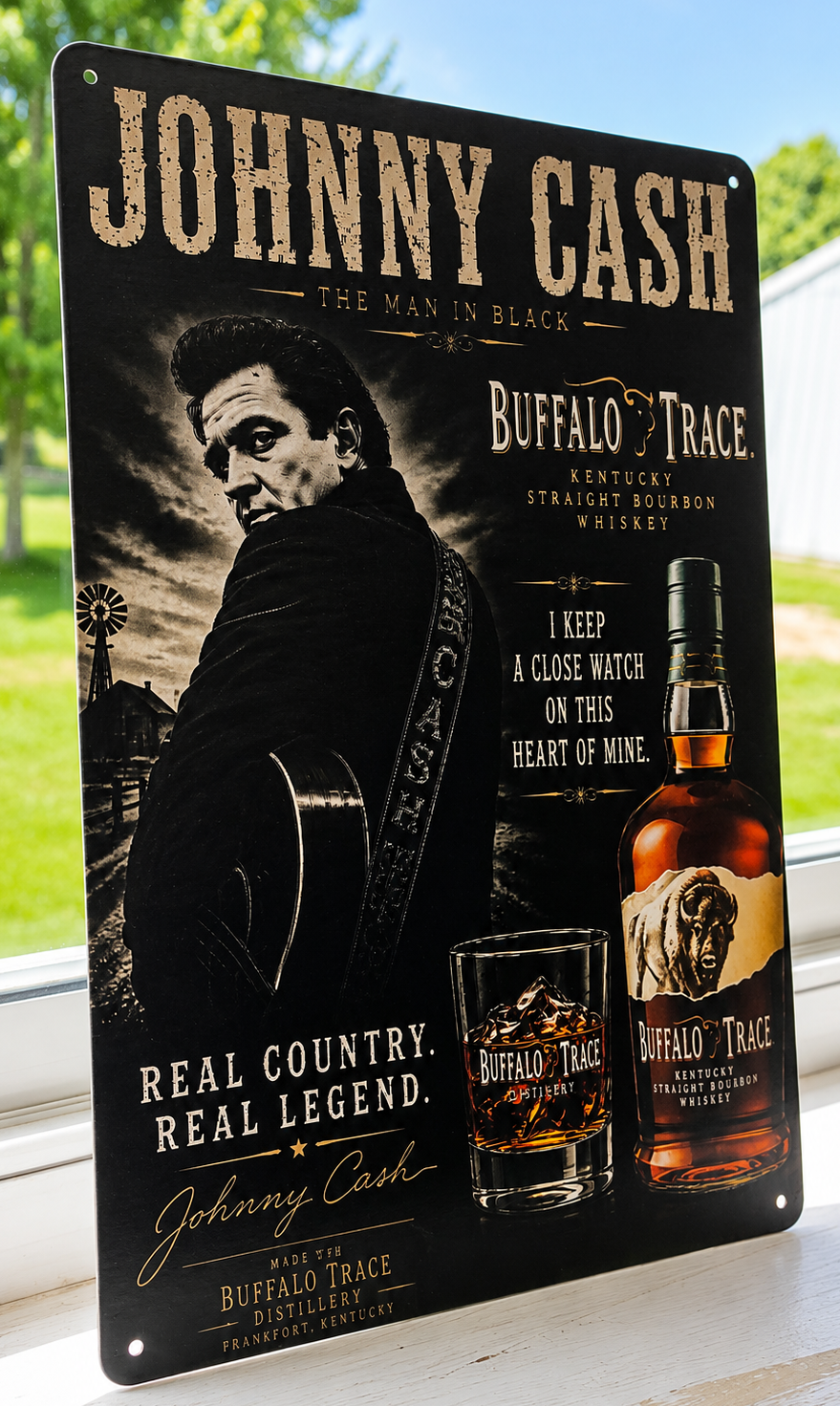 12" x 8" Johnny Cash & Buffalo Trace Metal Sign – Rustic Country Whiskey Wall Decor | Man Cave, Home Bar & Music Lover Gift