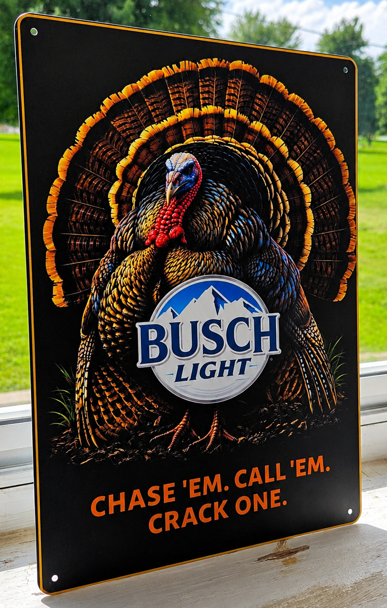 12" x 8" Busch Light Turkey Hunting Metal Sign – "Chase 'Em. Call 'Em. Crack One." Rustic Wall Decor | Cabin, Man Cave & Hunter Gift