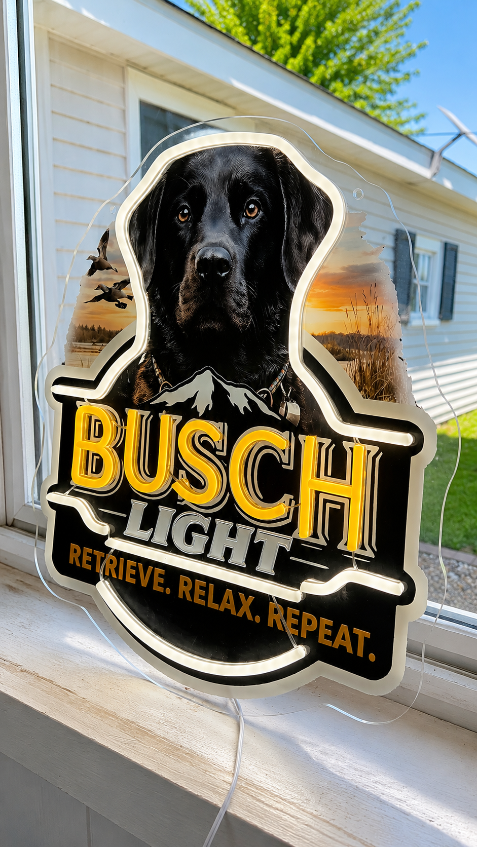 Busch Light "Retrieve. Relax. Repeat." Black Lab Dog Lighted Beer Advertising Sign Hunting Fishing Cabin Sign